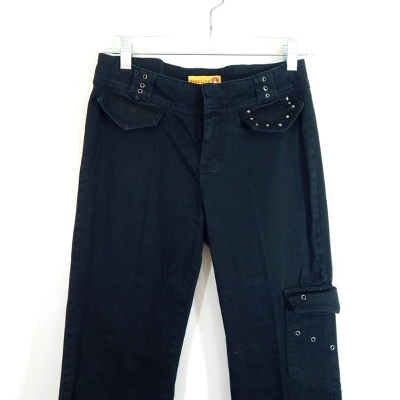 90s GASOLINE pants low rise bootcut cargo Y2K casual stretch black SMALL - Picture 2 of 9